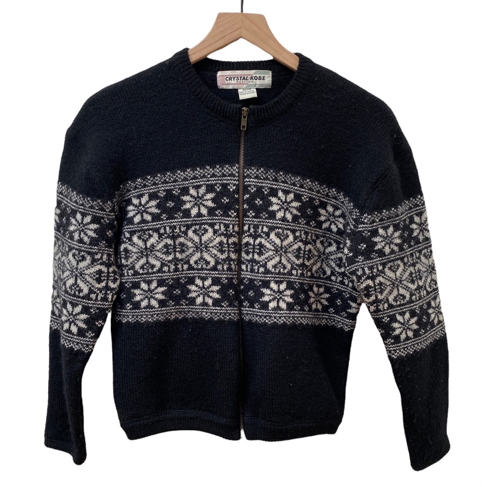 Crystal-Kobe Black Fair Isle 100% Wool Crop Full Zip Up Sweater Women’s Petite S